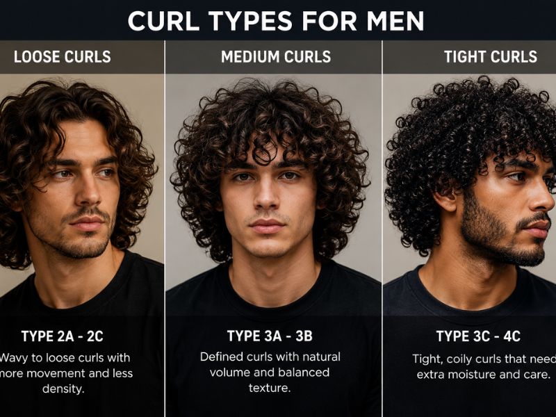 “Different long curly hair types for men including loose medium and tight curls”