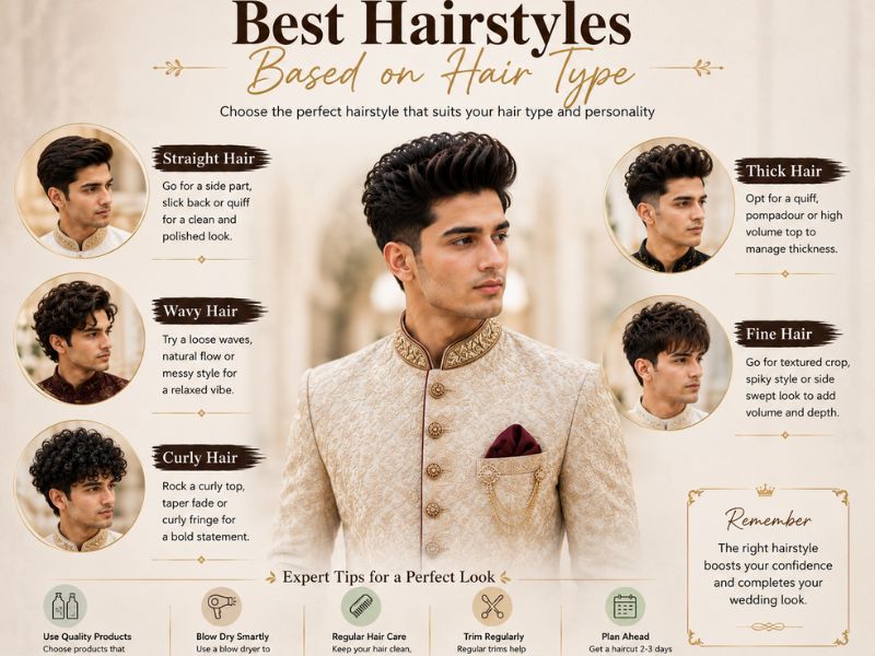 Wedding hairstyle tips infographic with a boy in maroon sherwani and stylish quiff hairstyle.