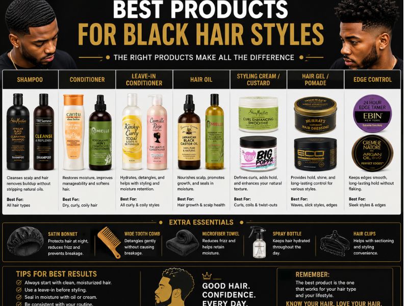 Best products for black hair styles with shampoo, hair oil, pomade, and curl cream for men