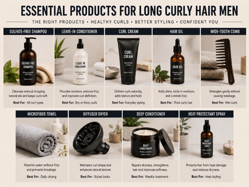Style long curly hair men using curl cream, leave-in conditioner, and healthy hair care products.