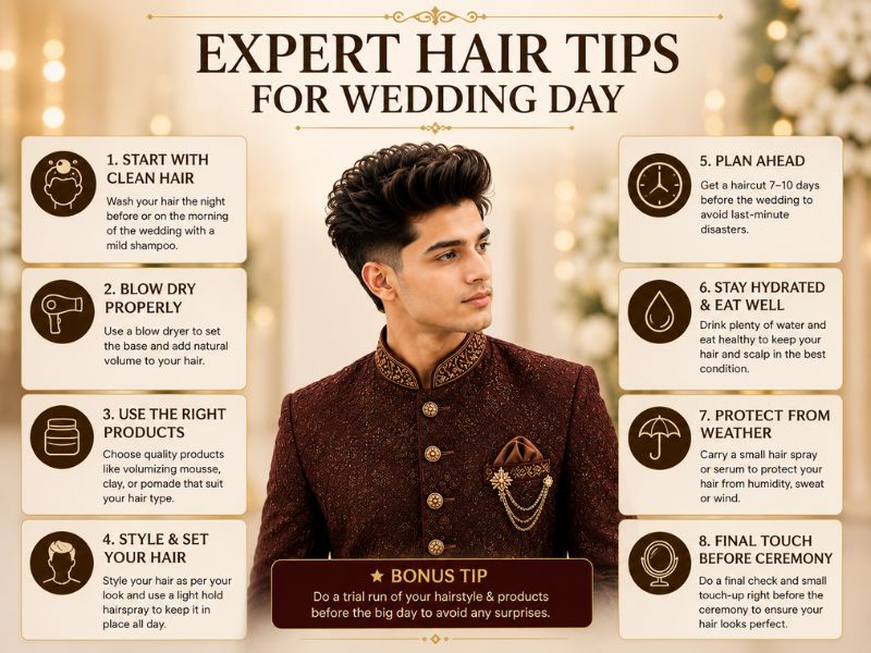 Wedding groom hairstyle with natural matte finish and low taper fade, stylish boy in sherwani, modern 2026 wedding hair trend, clean and textured look.