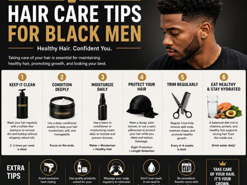 Hair care tips for black men with healthy hair routine, moisturizing, trimming, and protective hair care guide