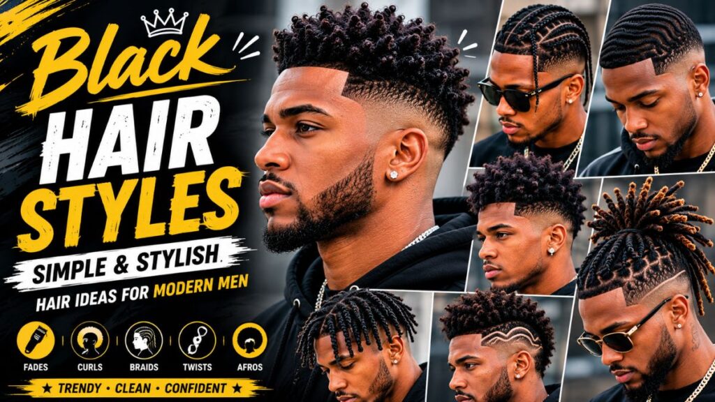 Modern Black men's hairstyles including fades, twists, braids, and textured afro haircut ideas for 2026