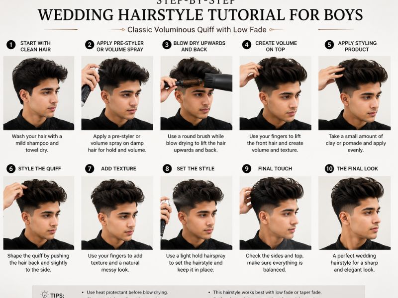 Boy styling wedding hairstyle at home using blow dryer and hair product