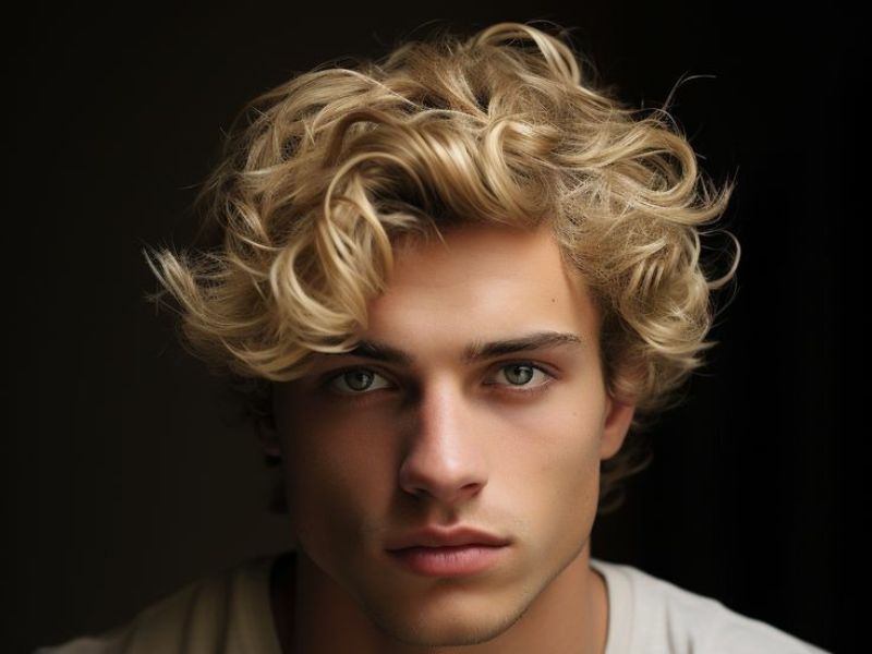 “Man with long curly hair styled professionally for a formal event”