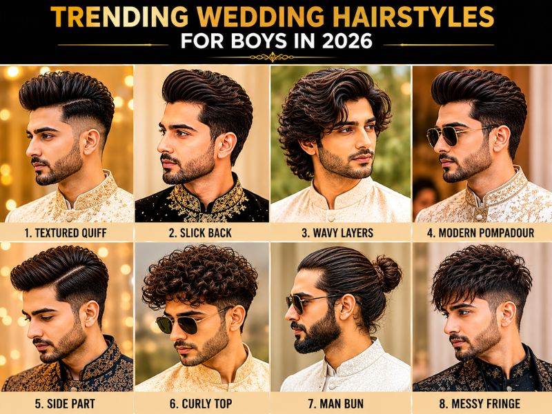 Popular wedding hairstyles for boys including quiff, side part, curly fade, and slick back fade