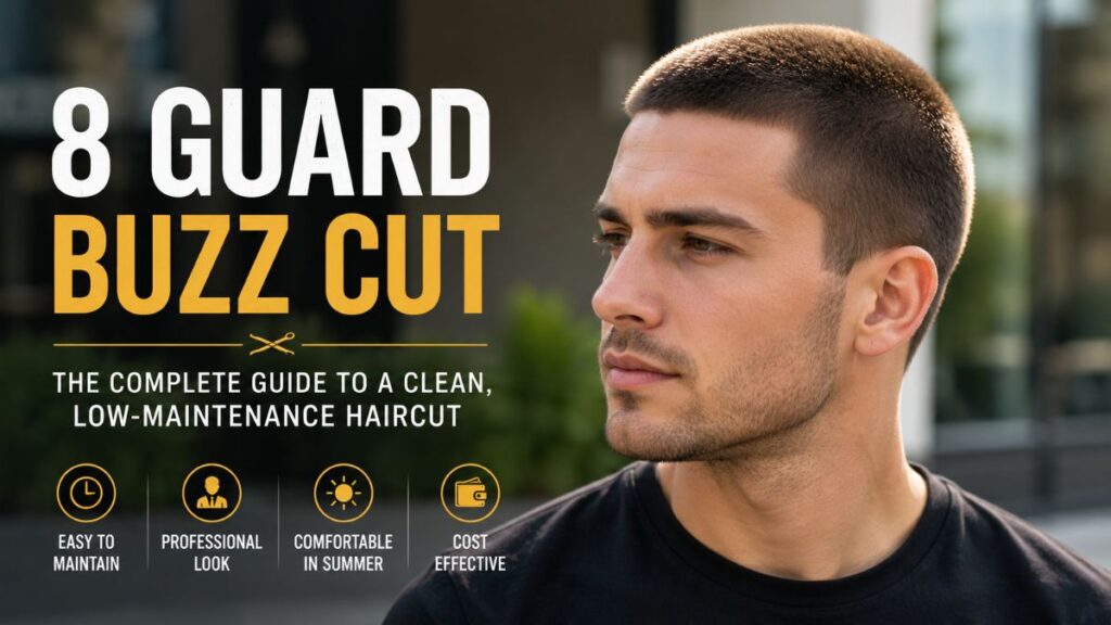 8 Guard Buzz Cut hairstyle showing one-inch hair length with a clean modern finish