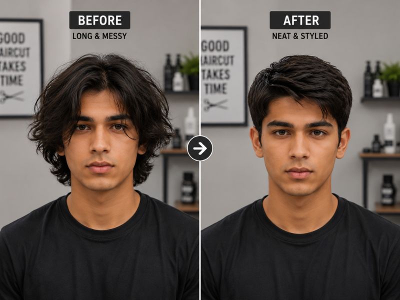 "Before and after boys long hair home haircut transformation"