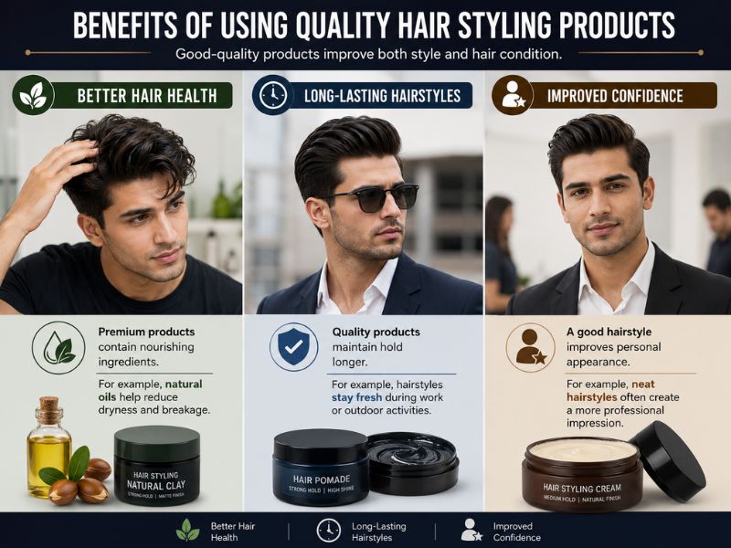 Benefits of quality hair styling products for healthy hair, long-lasting hold, and improved confidence.