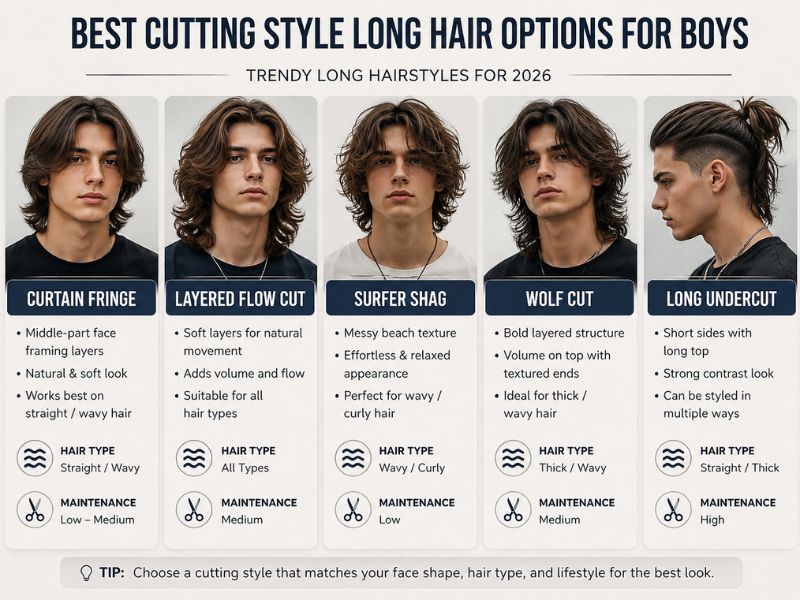 "Comparison of trendy long hairstyles for boys with different hair types and styling options"