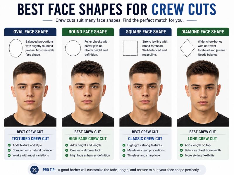 Best face shapes for crew cuts including oval round square and diamond faces