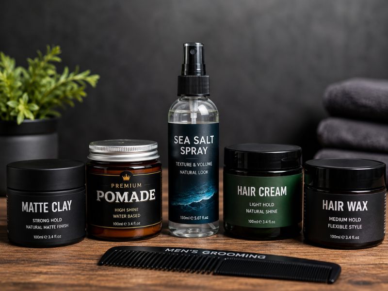 "Essential styling products for medium hair men including matte clay pomade sea salt spray and hair wax"