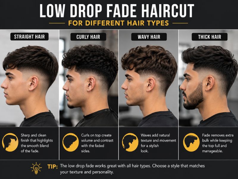Low drop fade haircut on different male face shapes