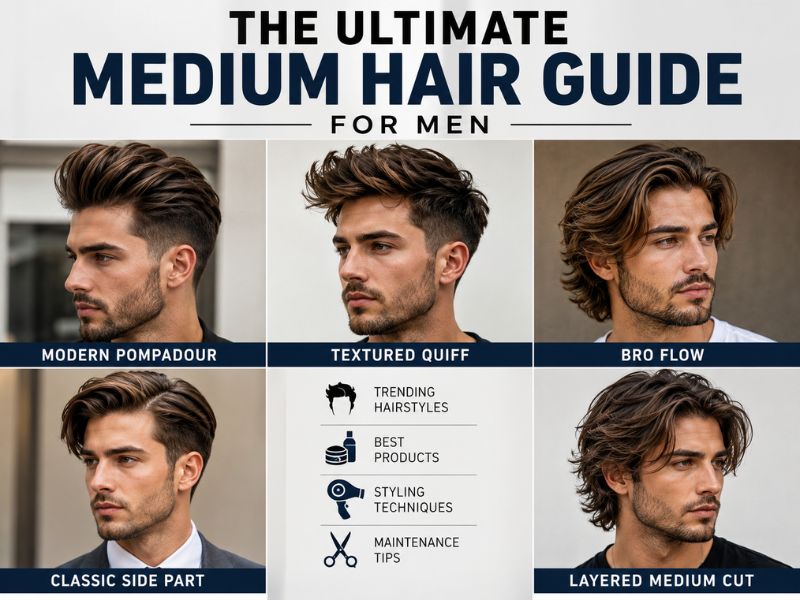 Popular medium hairstyles for men in 2026 include the pompadour, quiff, bro flow, side part, and layered cuts, offering versatile and modern styling options.