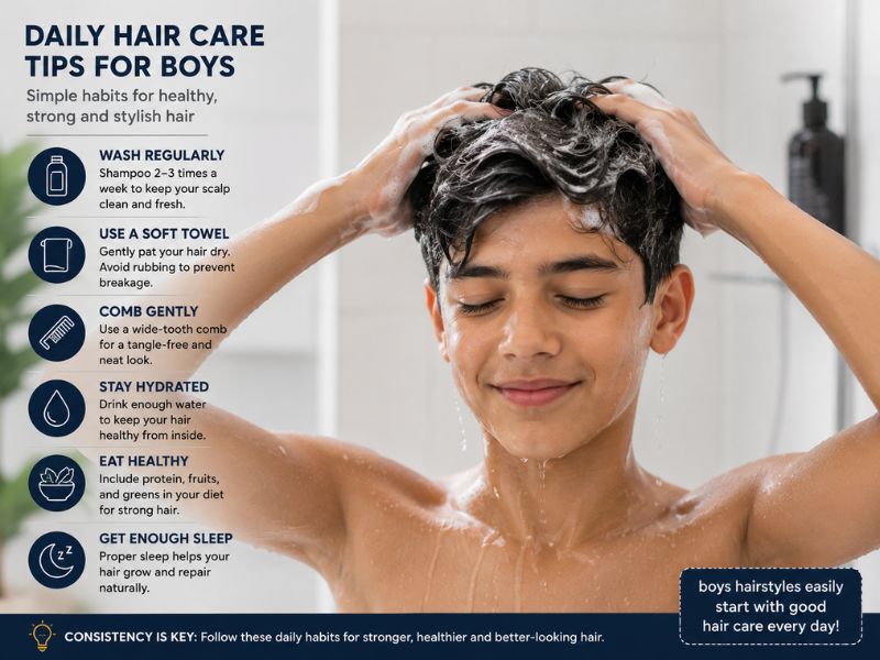 Healthy hair care routine for boys hairstyles easily with proper washing and grooming habits.