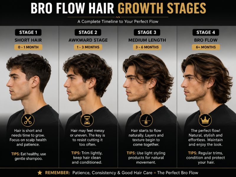 Bro flow hair growth stages from short hair to full medium-length hairstyle