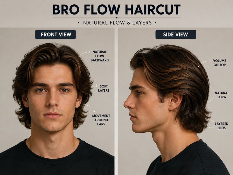 Bro Flow haircut showing natural hair flow and layered medium-length hairstyle
