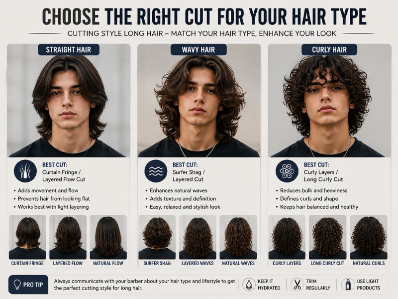 "Long hairstyles for boys with straight wavy and curly hair textures"