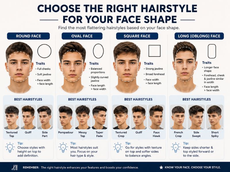 Face shape guide helping boys choose the right hairstyle based on facial structure.
