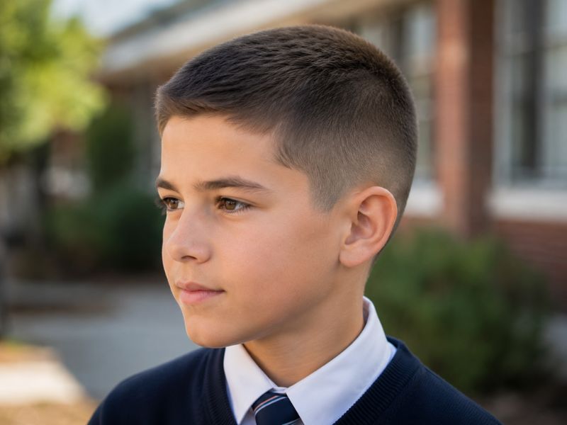 Classic crew cut hairstyle for boys with a clean and neat appearance.