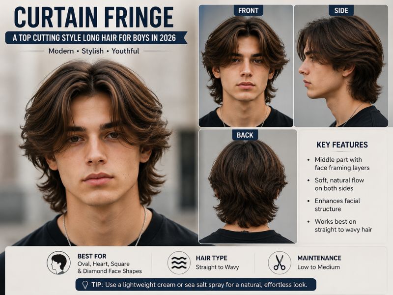 "Boy wearing a curtain fringe hairstyle with middle part and long face framing layers"