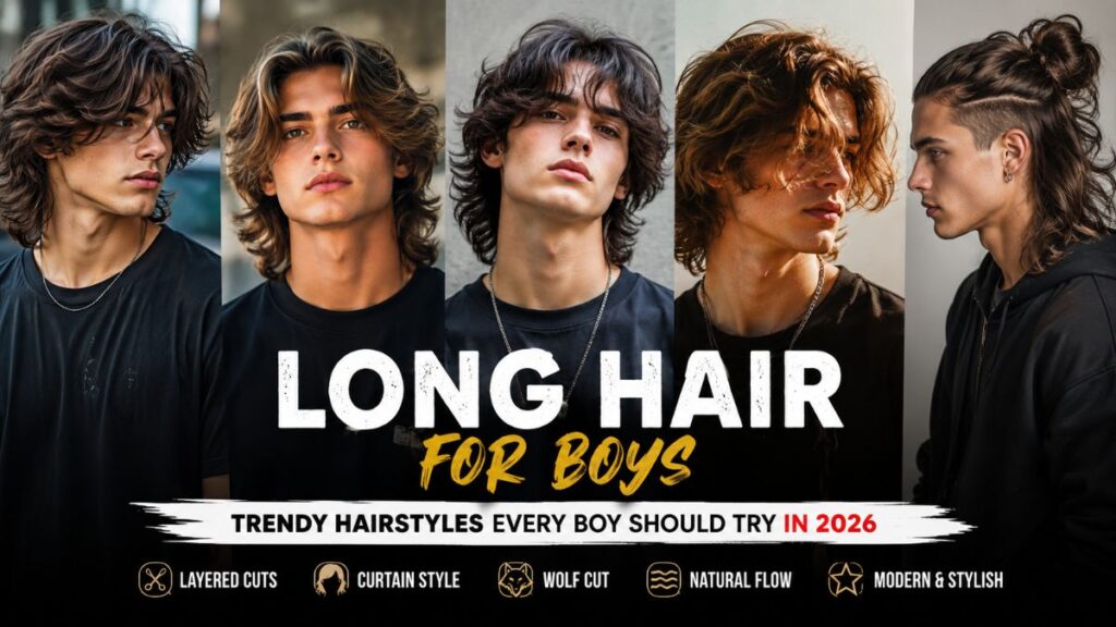 "Cutting style long hair for boys featuring trendy long hairstyles in 2026"
