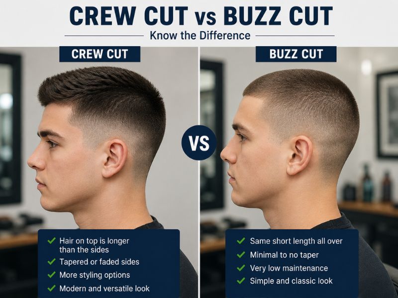 "Crew cut versus buzz cut hairstyle comparison"