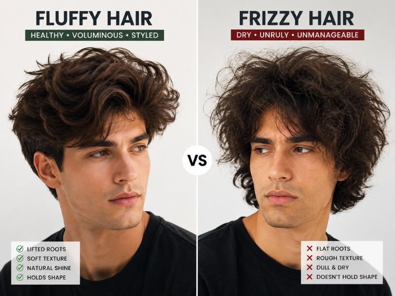Fluffy hair vs frizzy hair comparison showing the difference in texture and volume