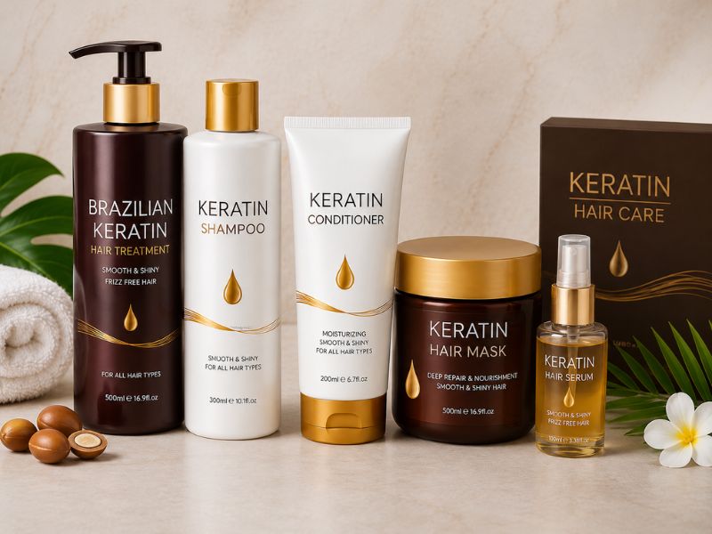 Different hair care keratin treatments and products for smooth hair