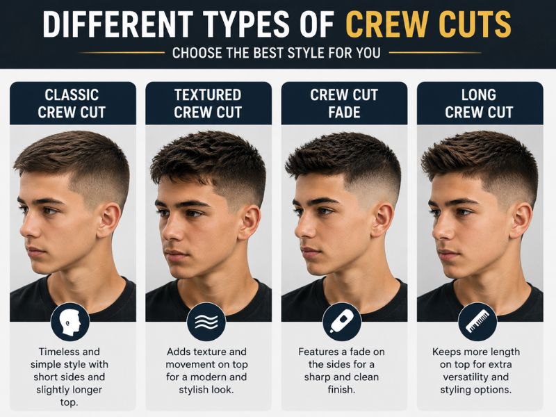 Different types of crew cuts including classic textured fade and long crew cut styles