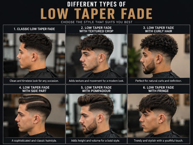 "Different low taper fade haircut styles including textured crop curly and side part variations"