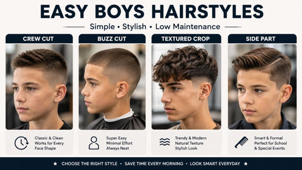 Easy boys hairstyles including crew cut, buzz cut, textured crop, and side part for a modern look.