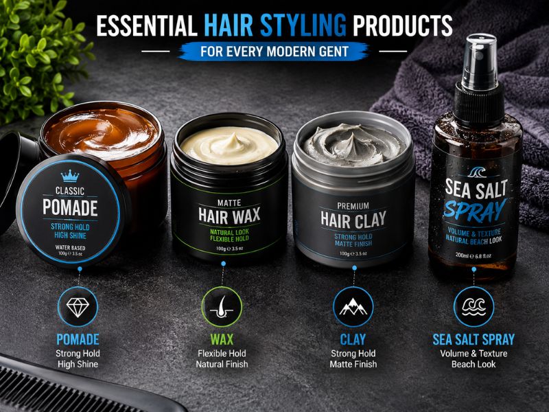 "Essential men's hair styling products including pomade wax clay and sea salt spray"