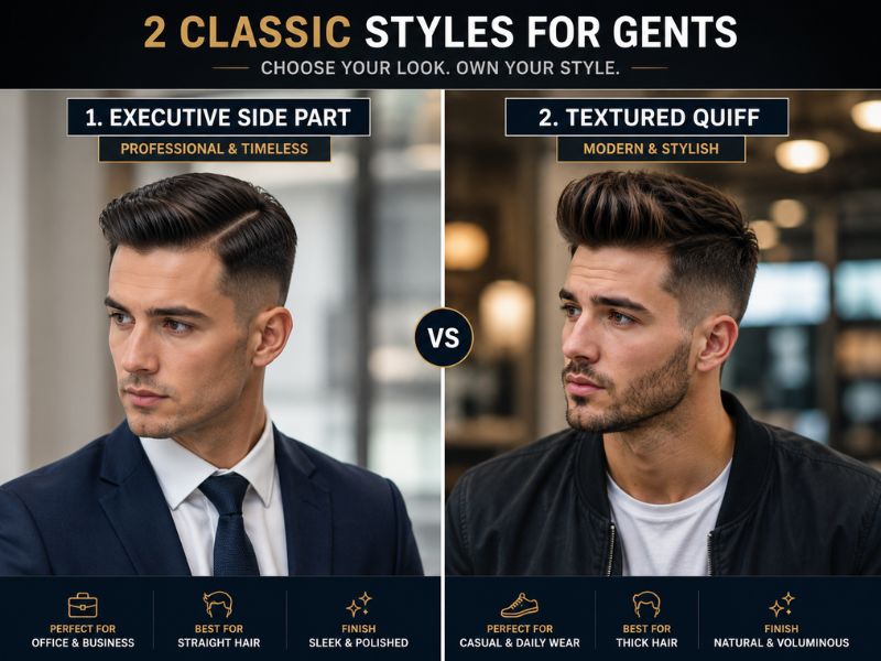 "Executive side part and textured quiff hairstyles for gents"