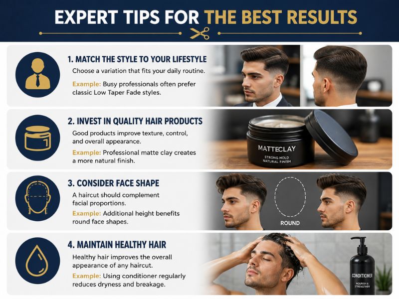 "Low Taper Fade expert tips for styling, hair care, face shape, and product selection"