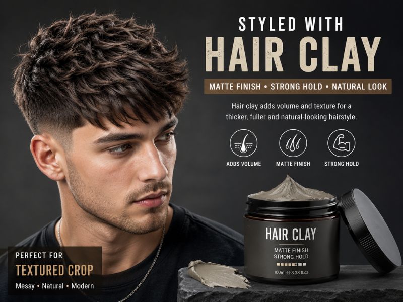 Textured crop hairstyle styled with matte hair clay for men