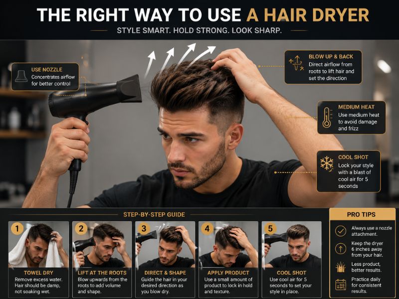 "Proper way to use a hair dryer for styling short hair for men"