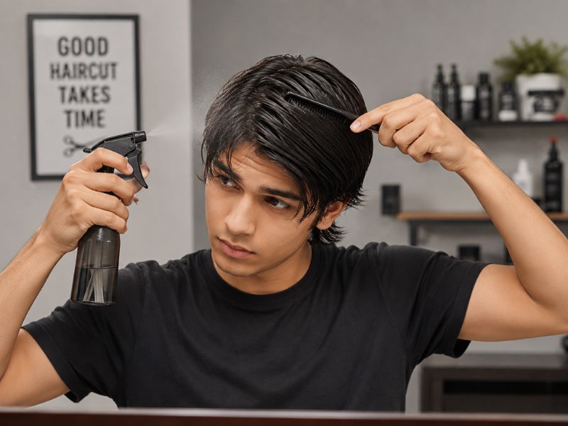 "Preparing long hair before cutting by combing and dampening"