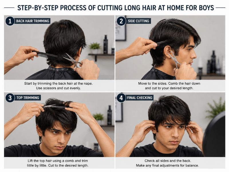 "Step by step process of cutting long hair at home for boys"