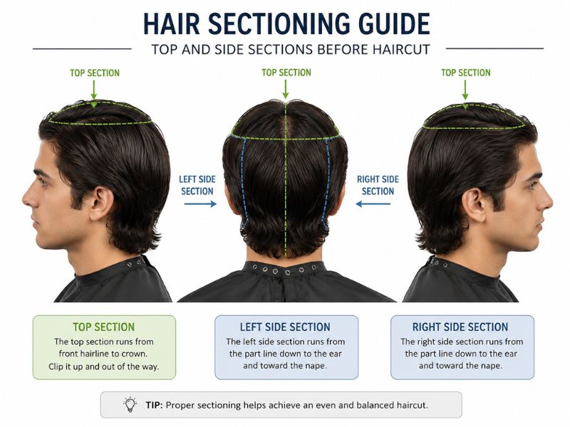 "Hair sectioning guide showing top and side sections before haircut"