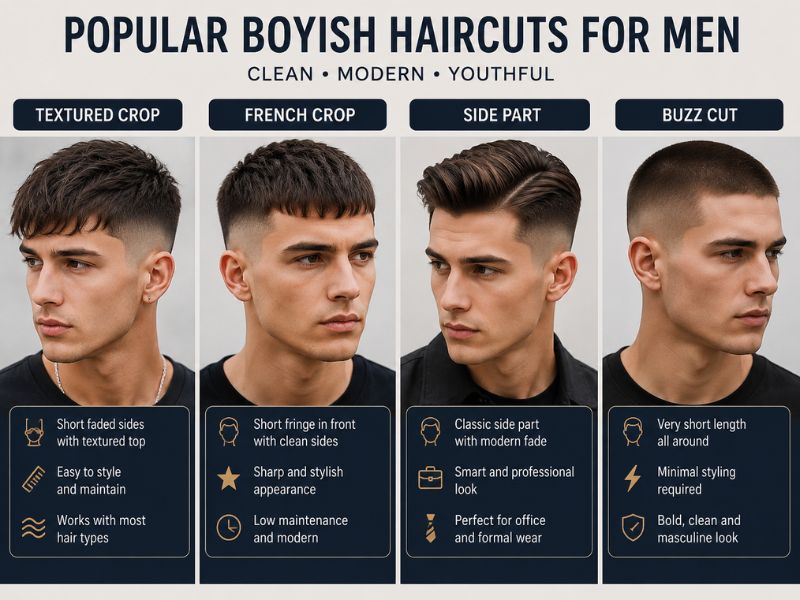 Popular boyish haircuts for men including textured crop French crop side part and buzz cut