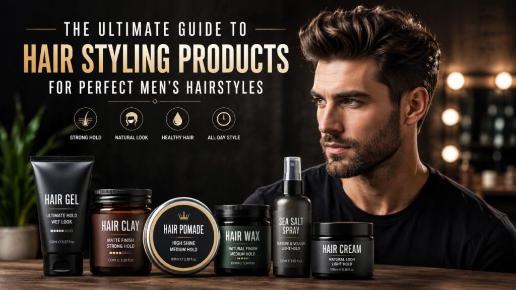 Men using different hair styling products for modern hairstyles