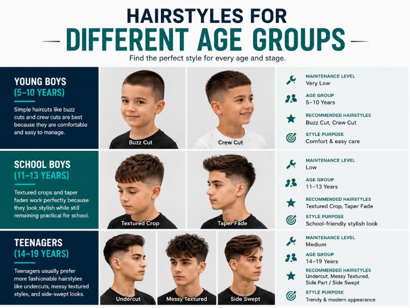 Age-based hairstyle ideas for boys featuring practical haircuts for children and modern styles for teenagers.