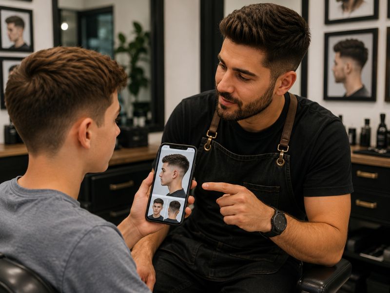 "Showing crew cut reference photo to barber"