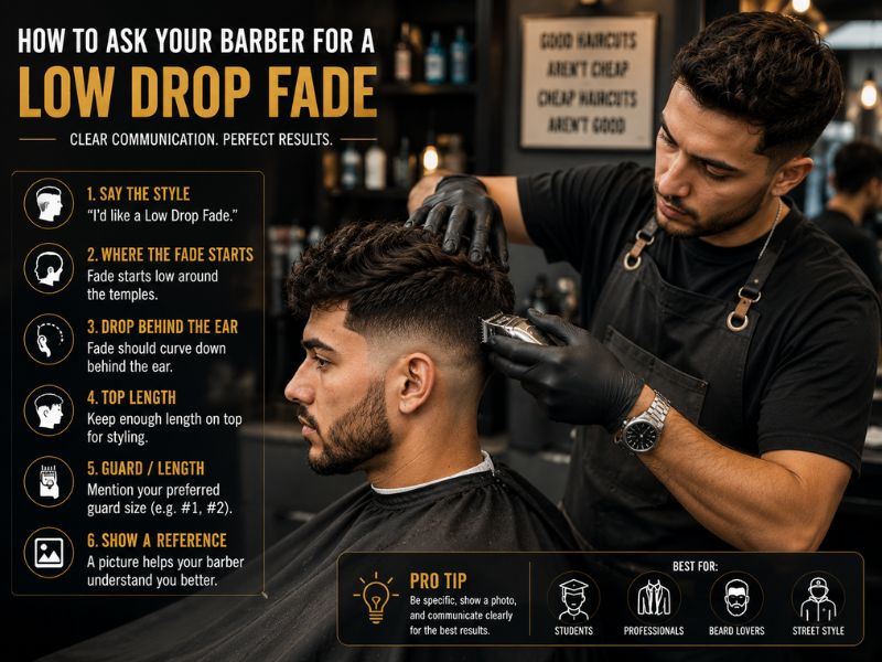 Professional barber creating a low drop fade haircut with clippers