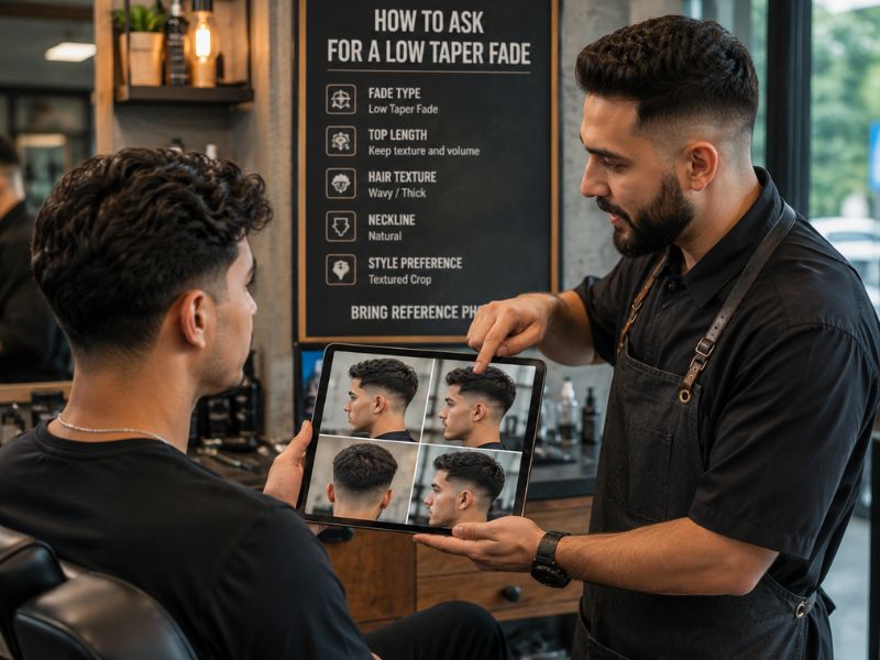 "Customer asking barber for low taper fade haircut using hairstyle reference photo"