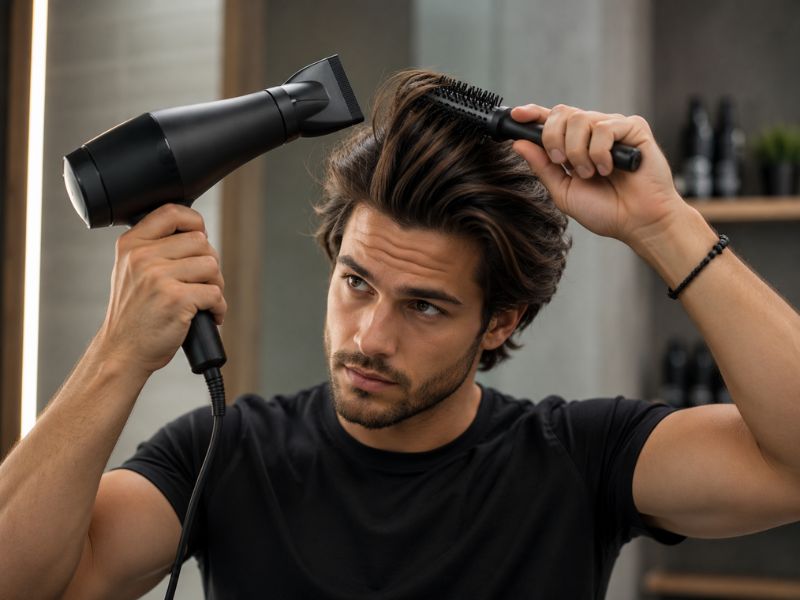 "Man blow-drying medium-length hair to create volume and texture at the roots"