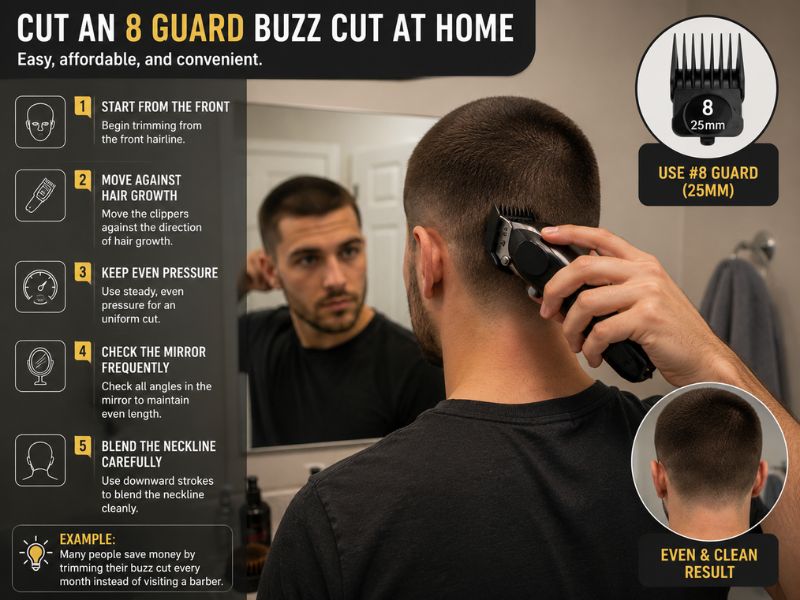 Man cutting an 8 guard buzz cut at home using number 8 hair clippers in front of a mirror