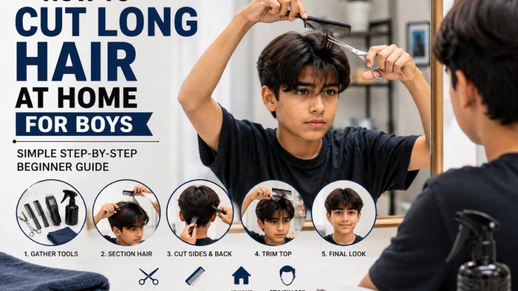 "Boy cutting long hair at home using scissors and mirror step by step"
