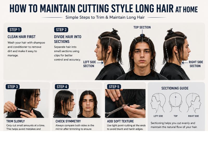 "Hair sectioning guide showing top and side sections before trimming long hair at home"
